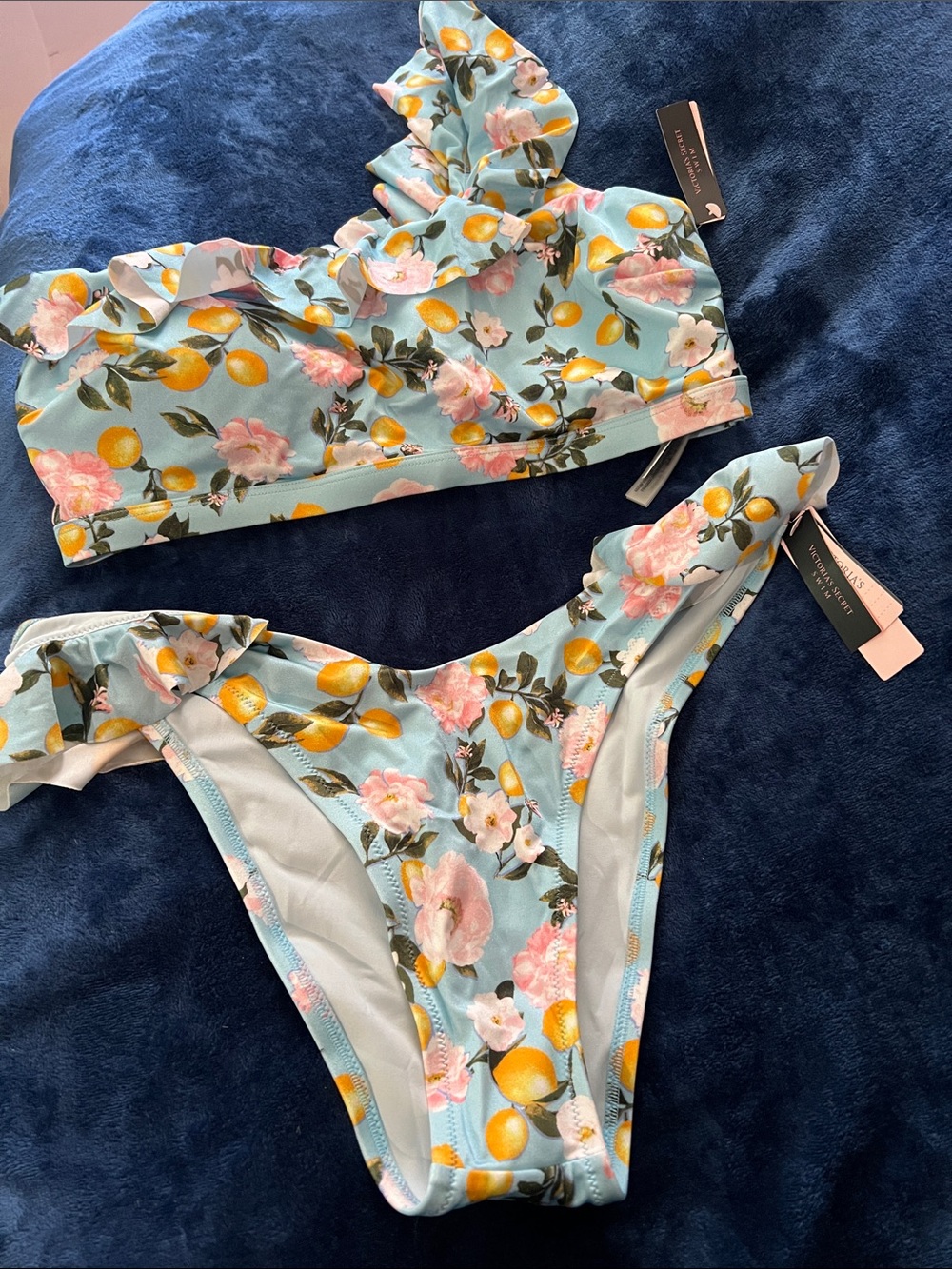 Victoria's Secret Mint Blue Lemon & Pink Floral Ruffle Bikini Set